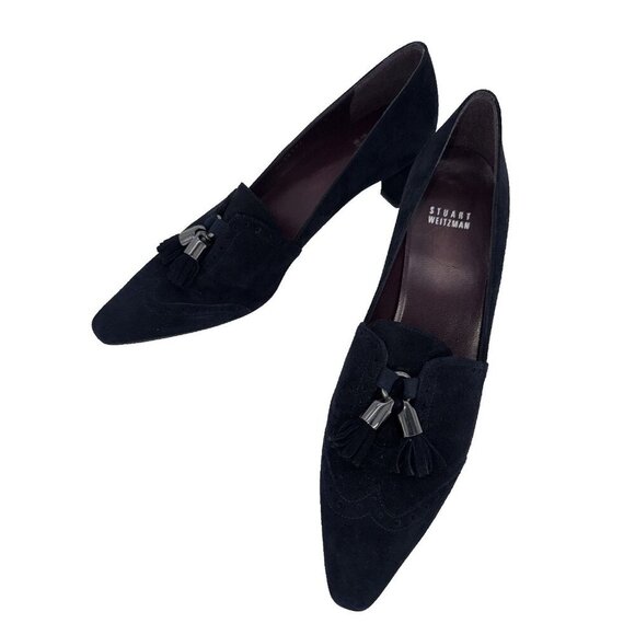 Stuart Weitzman Woman’s Suede Leather heel Navy Tassel Heels 9 - Picture 1 of 12